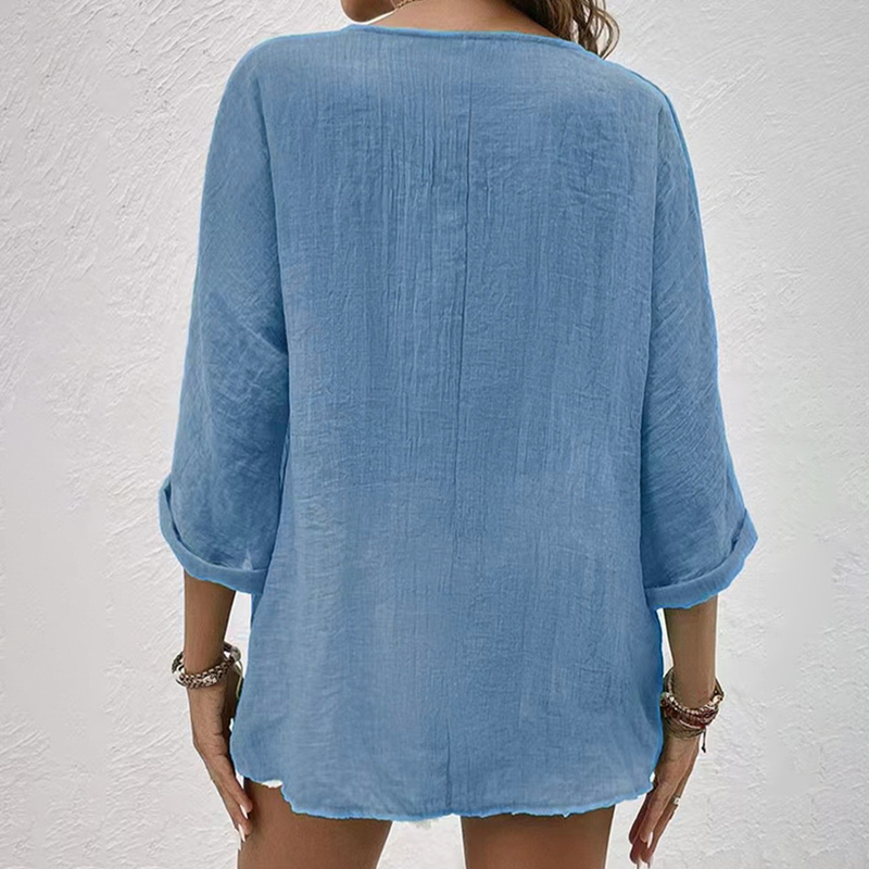 Chemisier décontracté en lin pour femme, col en V, manches 3/4, boutonné, coupe ample, couleur unie