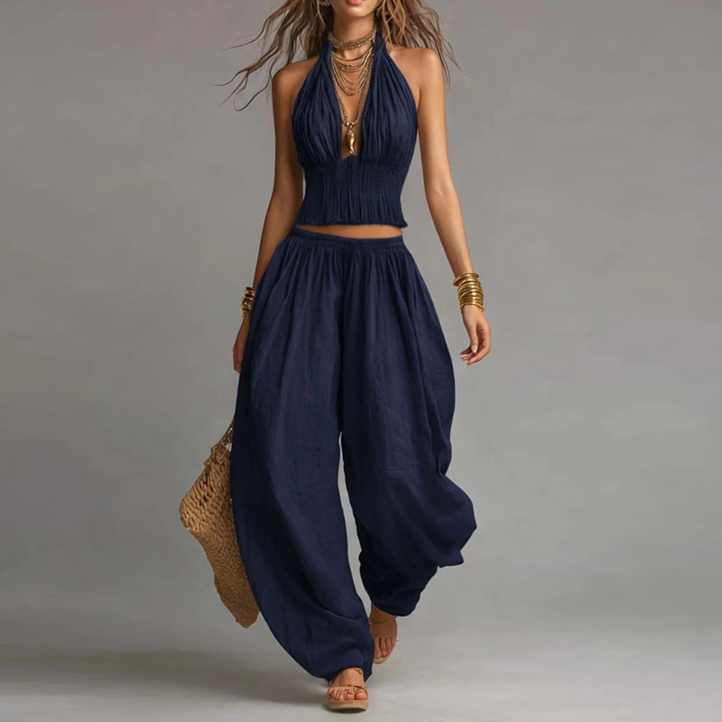 Ensemble 2 pièces bohème smocké : Crop top licou sans manches à col en V et dos nu + pantalon harem – Tenue décontractée pour femme, idéale pour les vacances printemps-été
