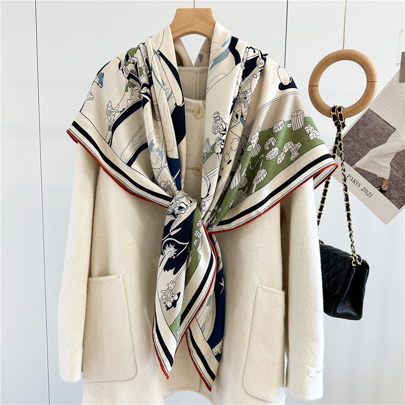 Design de luxe Double face imprimé soie laine femmes châle Bandana mode dame foulards pour l'hiver