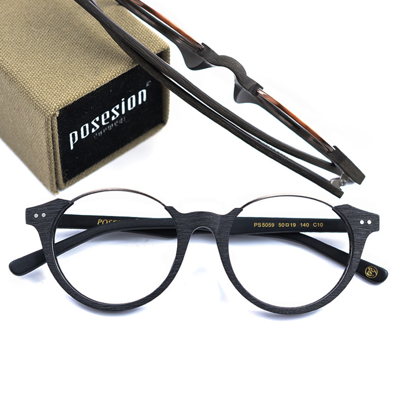 Lunettes Vintage hommes demi-monture ronde métal bois | Cadre de lunettes optiques, lentille claire Prescription rétro lunettes montures femmes