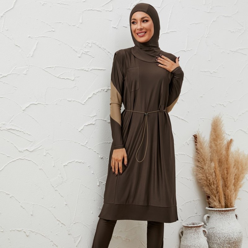 Maillot de bain musulman pour femme, ensemble 3 pièces, robe modeste, pantalon taille haute, hijab, col rond, couvrant entièrement le corps