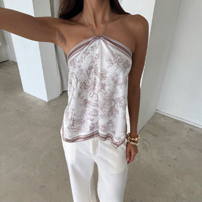 Haut cache-cœur vintage en satin pour femme, imprimé jungle élégant, dos nu, style bandana, débardeur d'été décontracté pour la plage