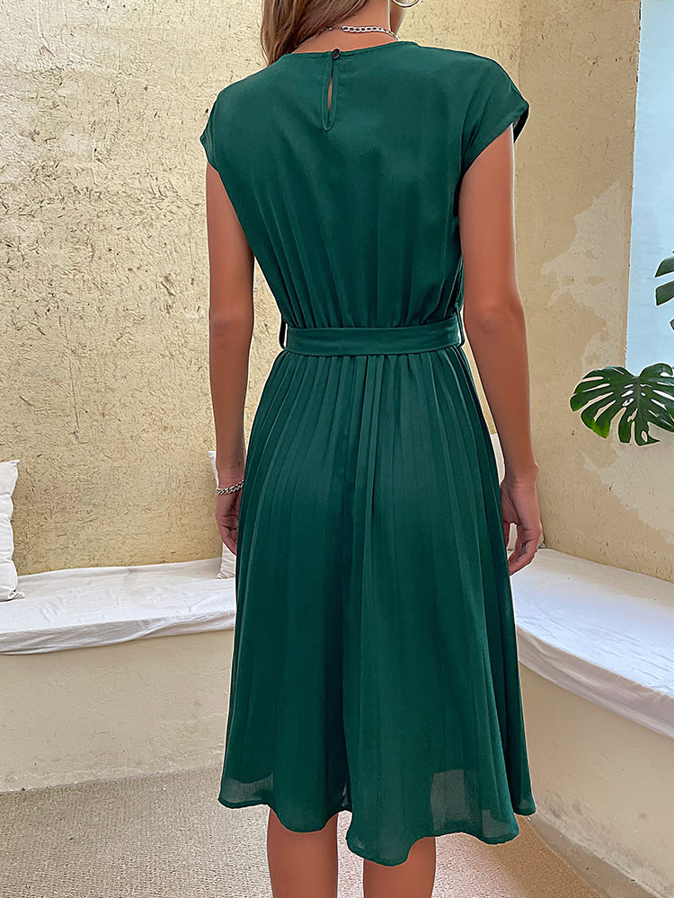 Robe de plage mi-longue plissée à manches courtes pour femmes, élégante, décontractée, couleur unie, col rond, tunique, mode, été