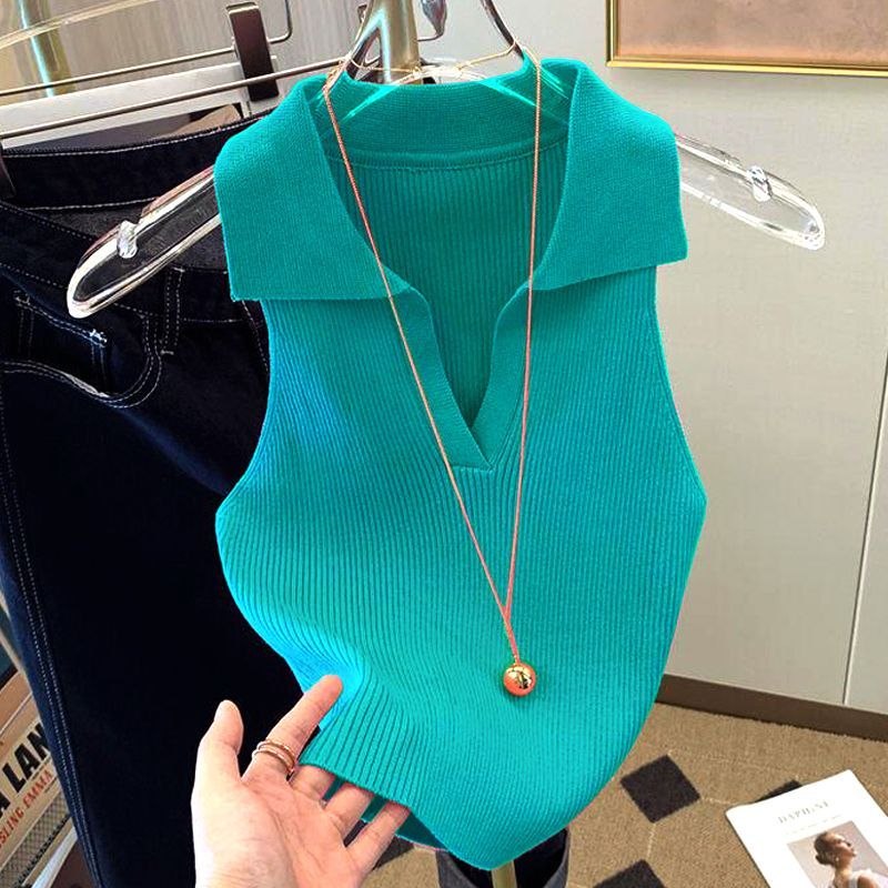 Chemise en soie glacée pour femmes, vêtements d'été, gilet tricoté, nouveau Style de mode, revers Slim, sans manches, débardeur pour femmes, 2022