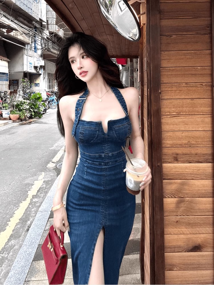 2025 robe de mode femmes décontracté européen américain col en U longueur cheville longue bleu Denim gaine réservoir sangle jean robes redingote