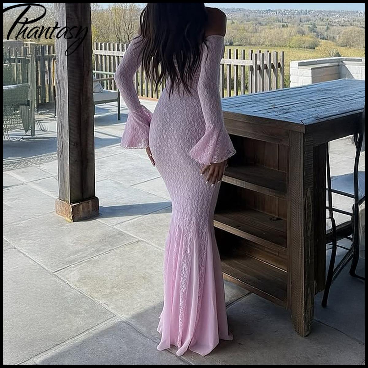 Robe longue élégante de style français rose pour femmes, robe à manches longues en dentelle, robe de soirée, robe de mariage, tenue de printemps-été pour femmes