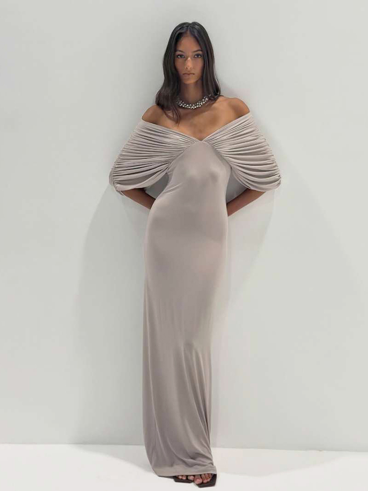Robe longue élégante froncée Kliou pour femme, col bateau, dos nu, demi-manches, taille haute, style décontracté quotidien, simple et tendance, Vestidos