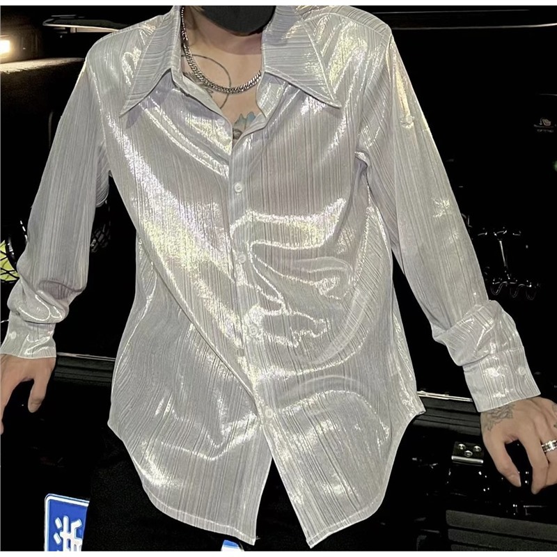 Chemises coréennes fines et lisses pour hommes, style été, col uni, simple boutonnage, streetwear tendance, coupe ample, manches longues