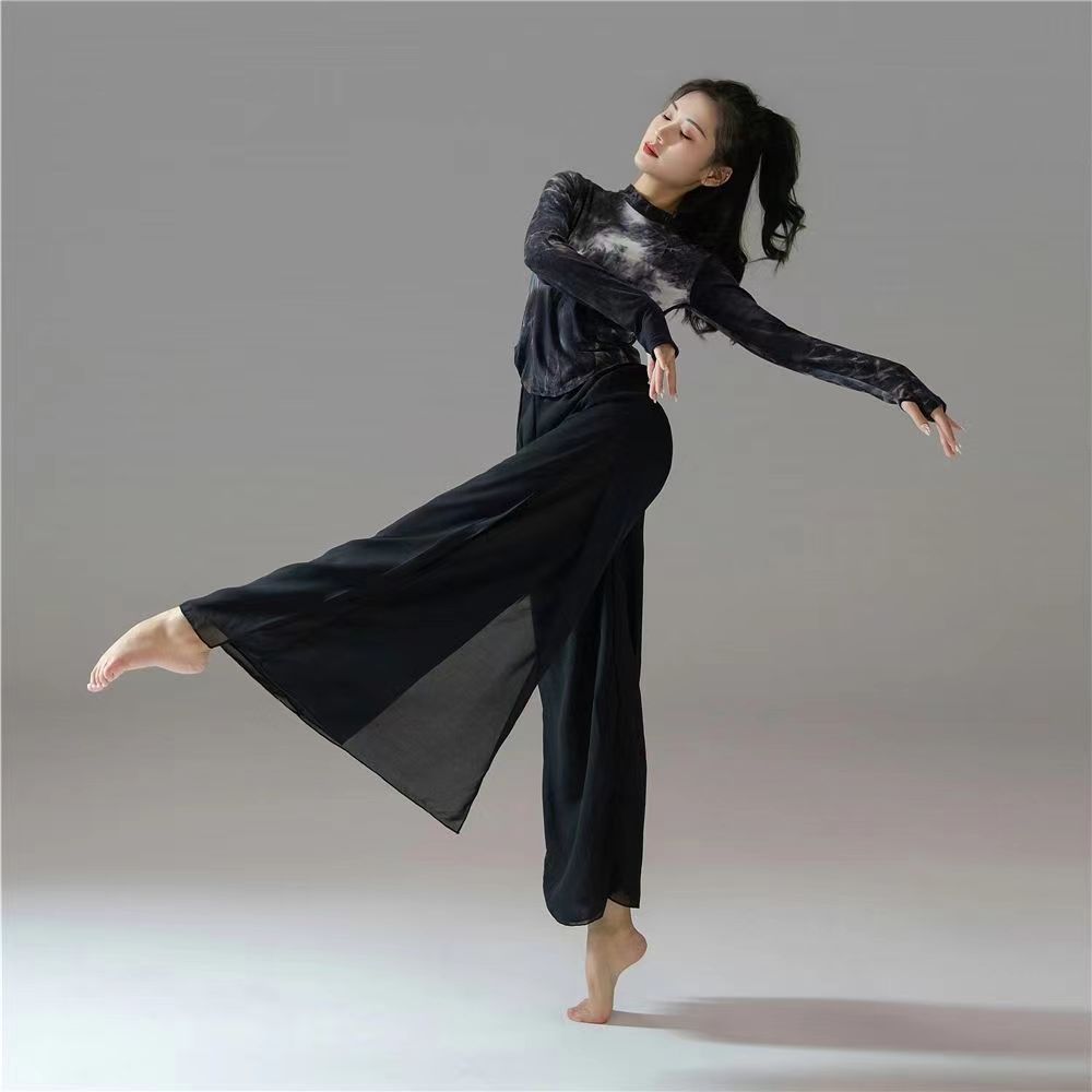 Nouvelle danse moderne danse classique noir cravate-teinture haut Performance pratique Costume Yoga fluide en mousseline de soie pantalon à jambes larges