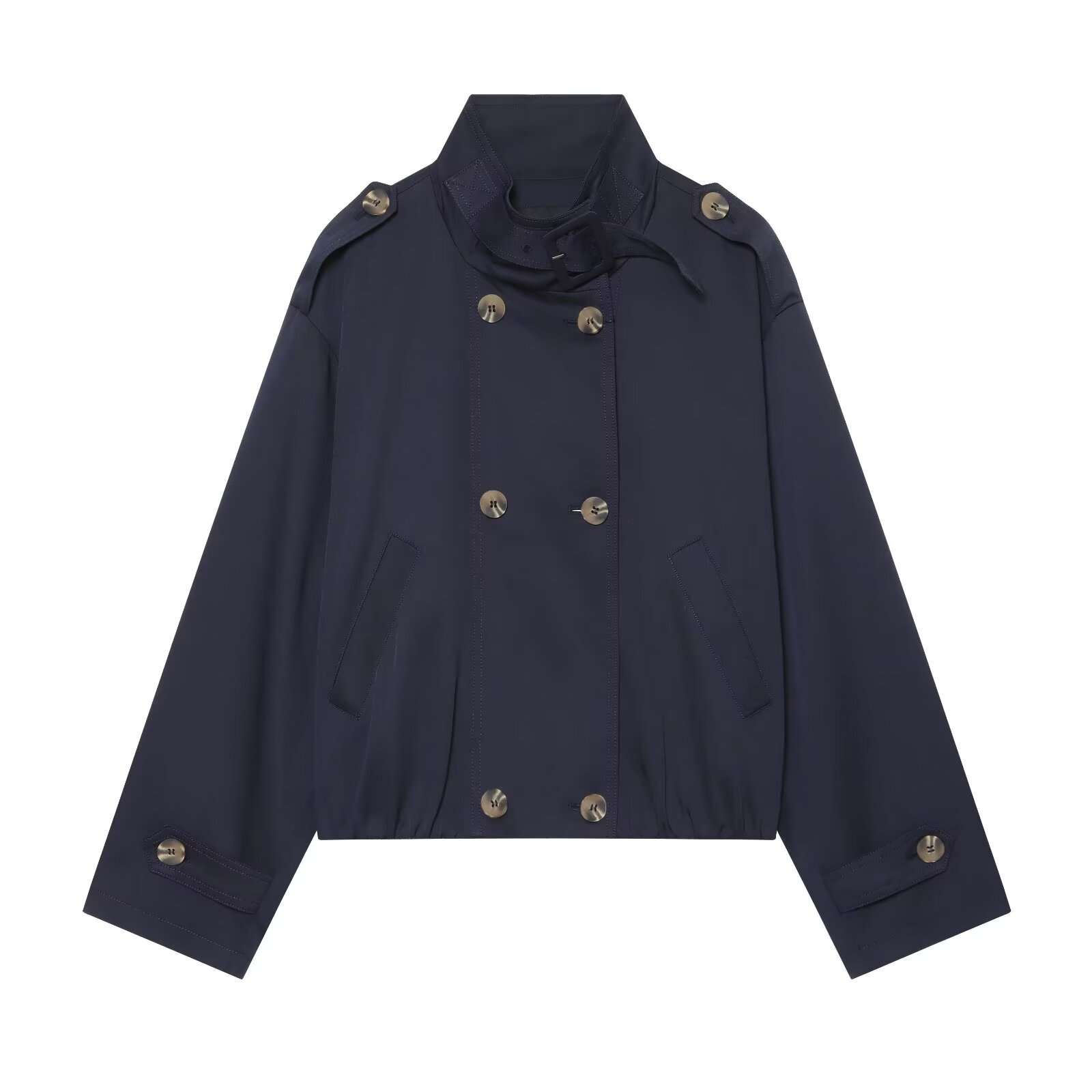 BSAY Manteau Trench Court Femme Printemps Automne, Style Décontracté, Col Montant, Double Boutonnage, Coupe Ample, Avec Poches et Épaulettes