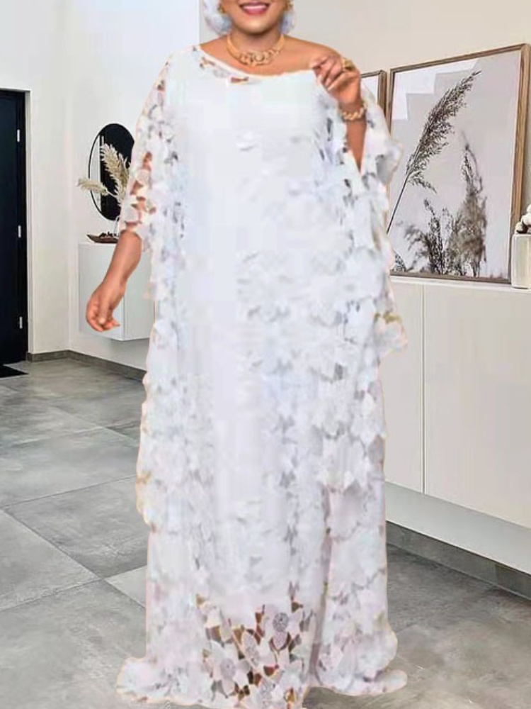 Femmes Robe en dentelle ample fête longue avec doublure col rond poignet manches chauve-souris mode confortable décontracté féminin Robe de dame africaine