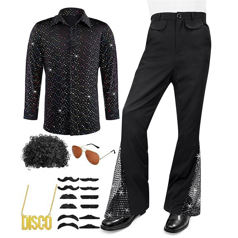 Costume d'halloween Hippie des années 60 et 70, pantalon à paillettes, chemise, hauts, bas de cloche, pantalon évasé pour hommes, tenue brillante de danse Disco pour chanteur