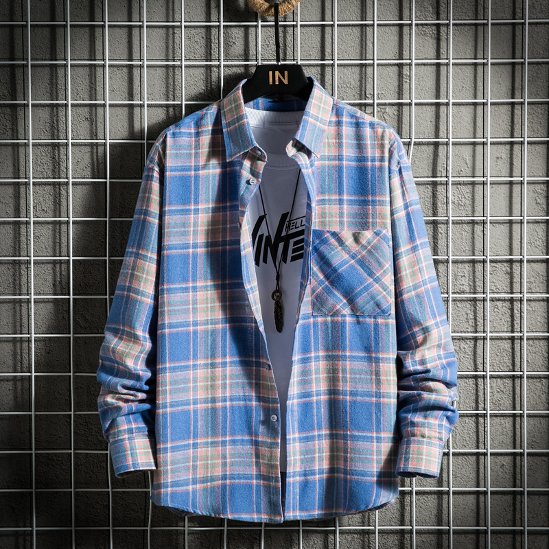 Chemise en coton à manches longues pour homme, vêtement à la mode, avec poche unique, doux et décontracté, à carreaux