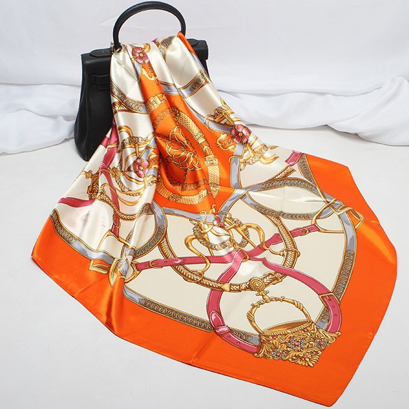 Foulard en Soie Imprimé 90x90cm, Grand Carré en Satin, Châle de Luxe pour Femme, Marque de Créateur, Hijab, Bandeau