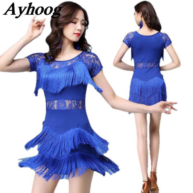 Robe de danse latine sexy pour femmes, avec empiècements en maille et franges, robe courte pour compétition de danse de salon pour adultes, tenue dynamique à franges
