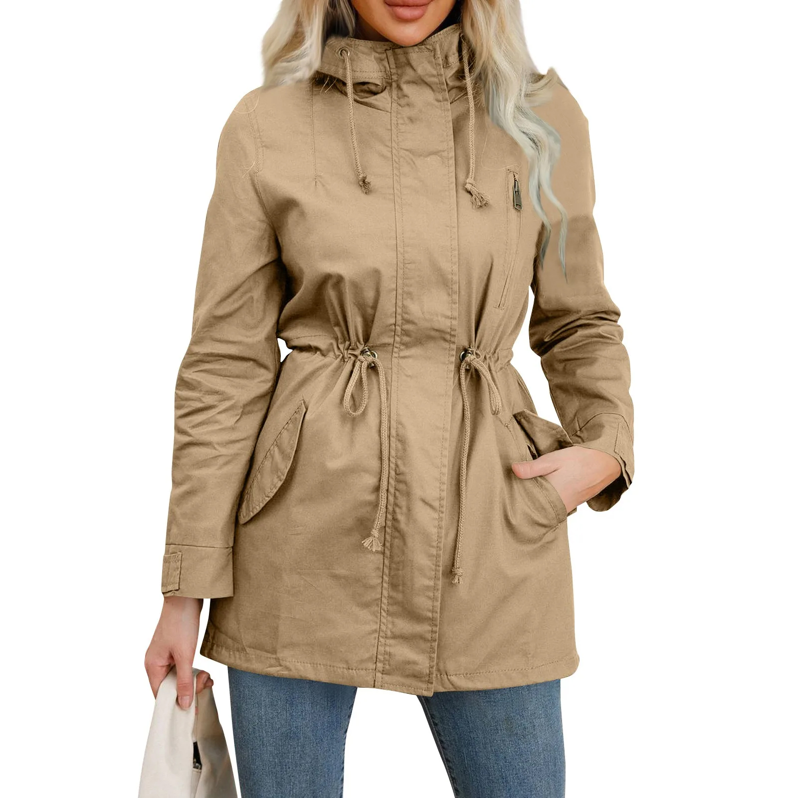 Trench-Coat à capuche pour femme, veste ajustée de couleur unie, pour le Camping quotidien en plein air et la randonnée, printemps-automne