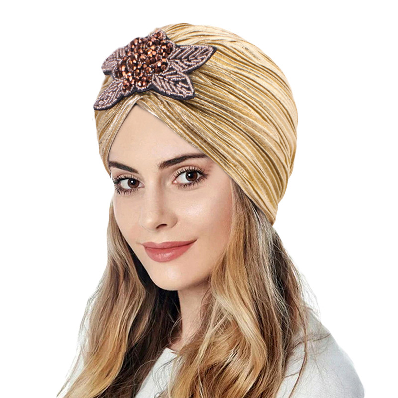 Bonnet turban à paillettes pour femmes, bonnet hijab musulman, casquettes indiennes plissées, chapeau pour dames, accessoires pour cheveux, or, argent, diamant, bijoux, mode