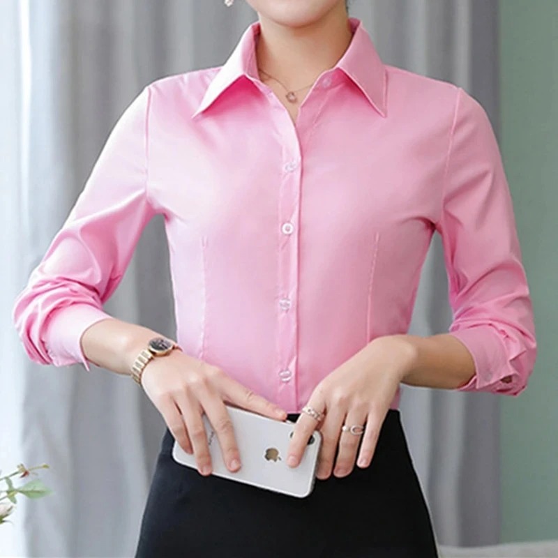 Femmes élégantes chemises femme chemise blanche à manches longues Blouse bureau dame affaires rose chemises bouton solide femmes travail Blouses hauts