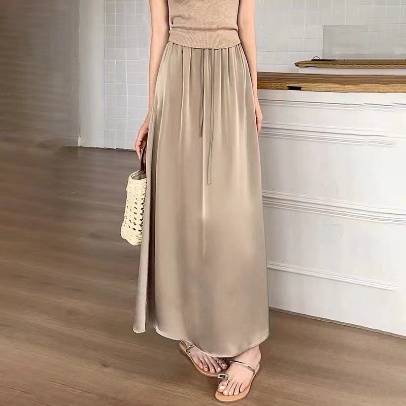 Jupe longue décontractée taille haute en satin pour femme, coupe ample trapèze Y2K, style vintage en soie noire ou blanche, longueur midi, Harajuku