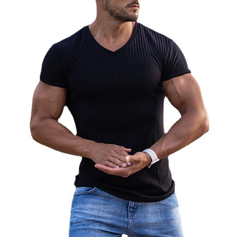Hommes col en V à manches courtes T-shirt Fitness coupe ajustée sport T-shirt solide mode bandes t-shirts hauts été tricoté vêtements de sport