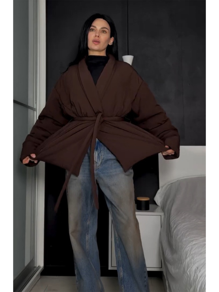 Veste matelassée pour femmes, style kimono, col en V, ceinture à nouer à la taille, manches longues, en coton, vêtement d'extérieur décontracté pour l'hiver.