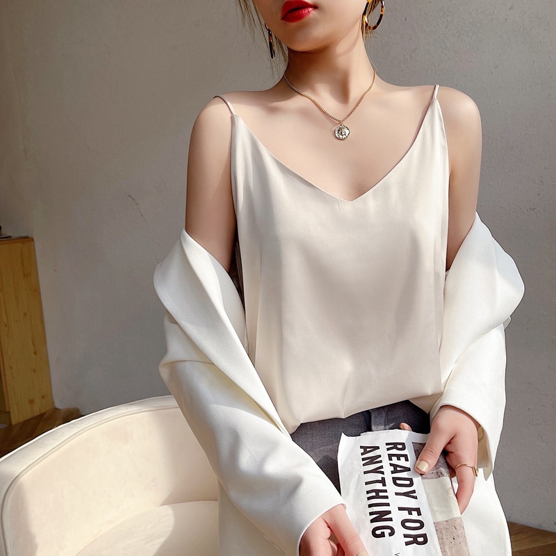 Chemisier en soie pour femmes, col en v, Design d'été, tendance, gilet à Base blanche, haut de Style français, coupe ample, couleur Pure, petit Style de luxe
