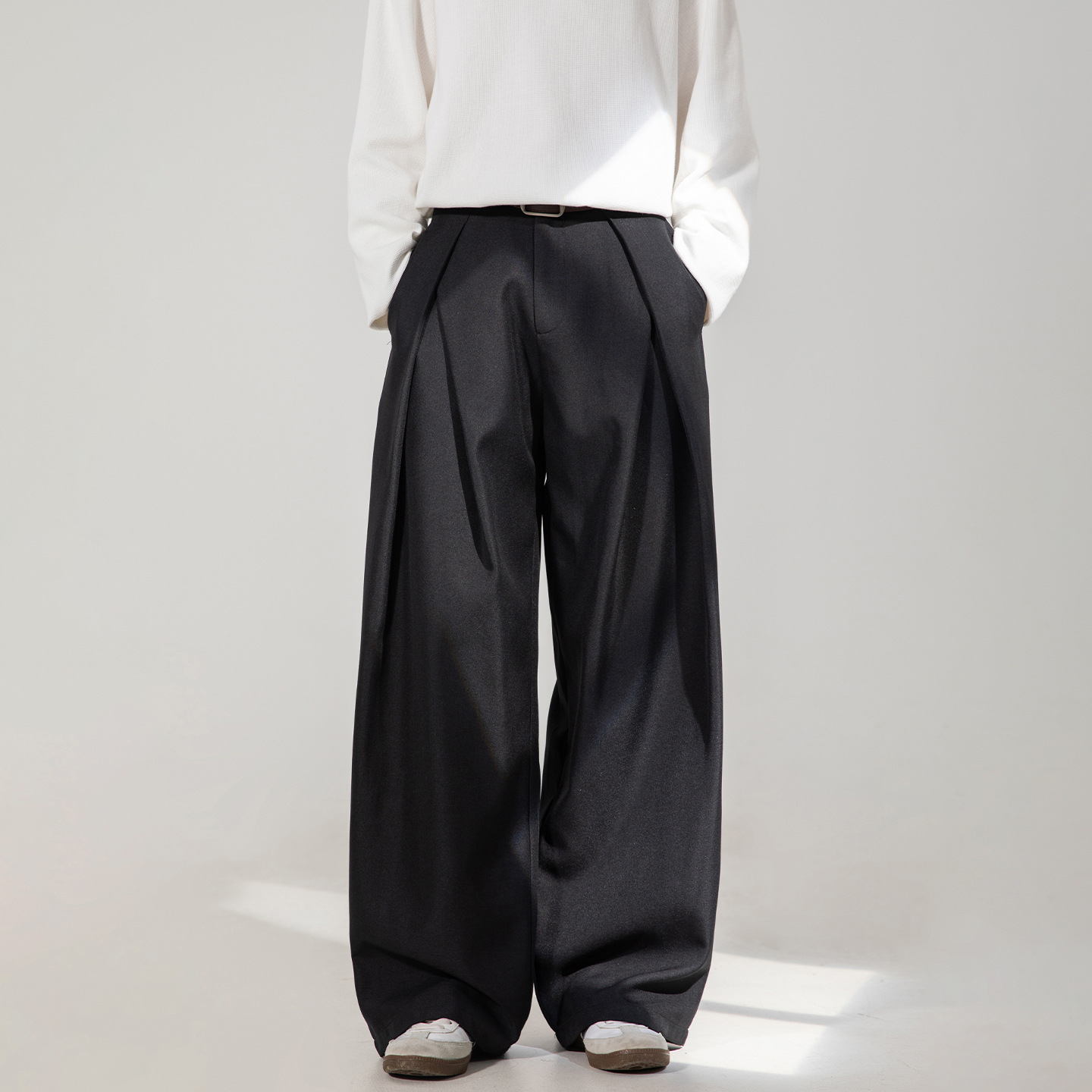 Pantalon décontracté de Style coréen pour hommes, couleur unie, boutons plissés, Design Streerwaer, jambe droite et large, bas ample
