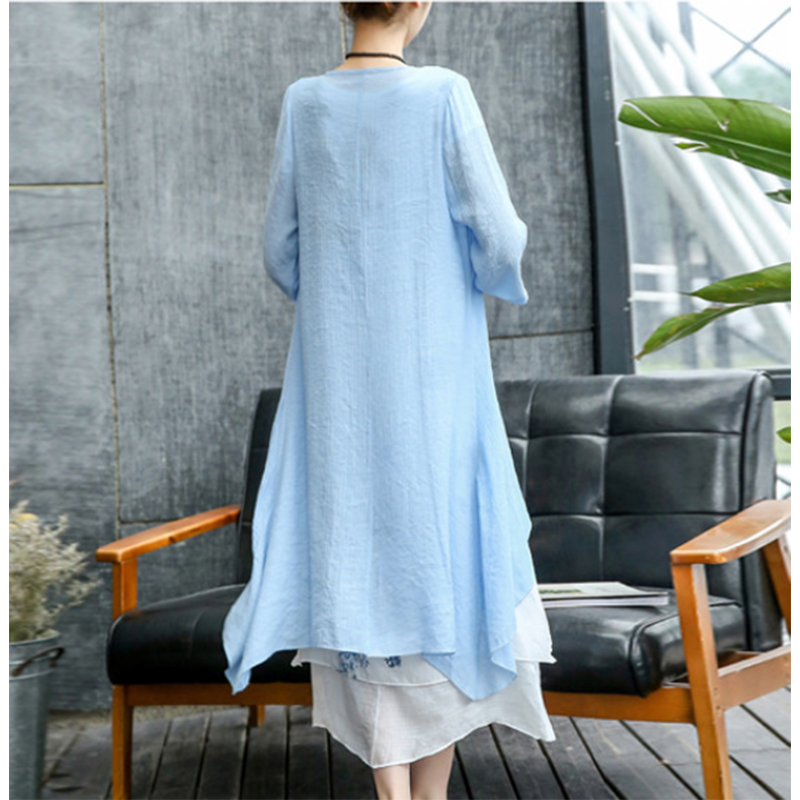 Ensemble de 2 pièces : Robe longue d'été élégante et décontractée pour femme, en coton et lin, imprimé vintage, avec cardigan.