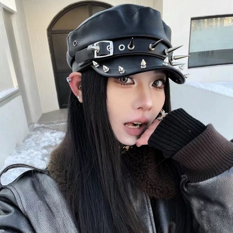 Béret Goth Punk en Cuir avec Boucle de Ceinture, Chapeau Marin Printemps-Automne, Bérets Noirs pour Femmes, Casquettes Militaires Plates pour Hommes