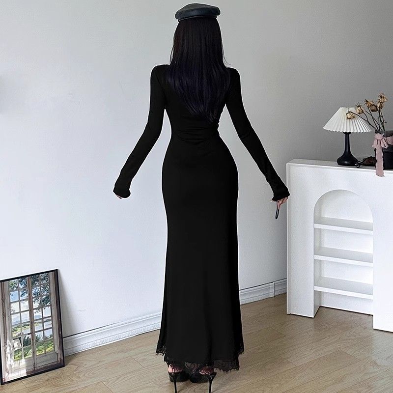 Robe en dentelle à manches longues pour femmes, vêtements esthétiques serrés, Kpop, Corset bon marché, décontracté, rétro, complet, Harajuku, robes moulantes pour femmes