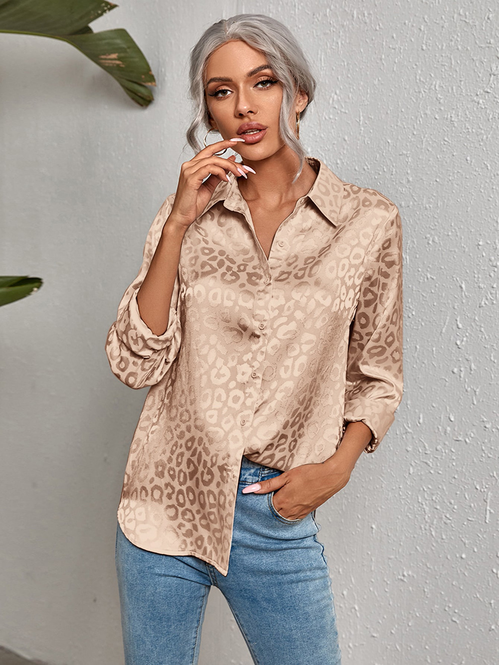 Chemisier de luxe imprimé léopard pour femme, chemise boutonnée vintage, tunique en satin, haut Harajuku, manches longues, revers, dame de bureau, printemps, été