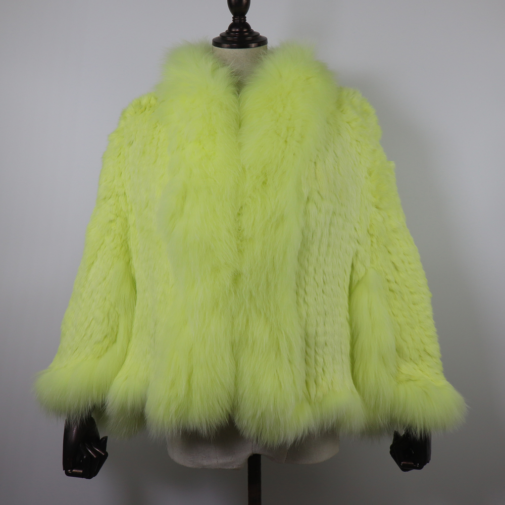 Femmes chaudes tricoté 100% réel fourrure de lapin châle hiver chaud véritable fourrure de lapin Pashmina manteau avec col de fourrure de renard pour la mode féminine