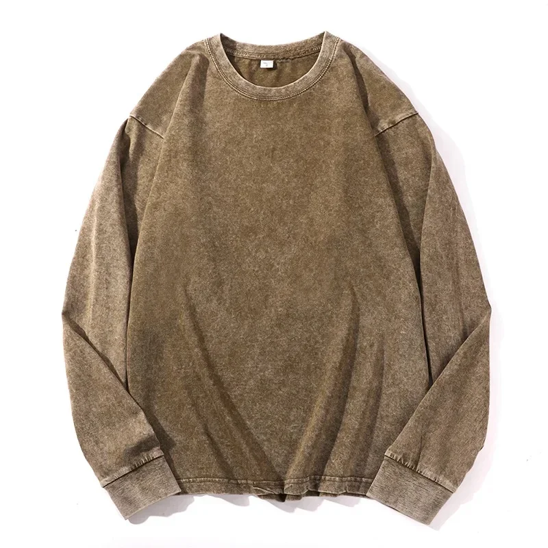 T-shirt à manches longues 100% coton pour hommes et femmes, style américain vintage, col rond, coupe ample, vêtements pour hommes, automne