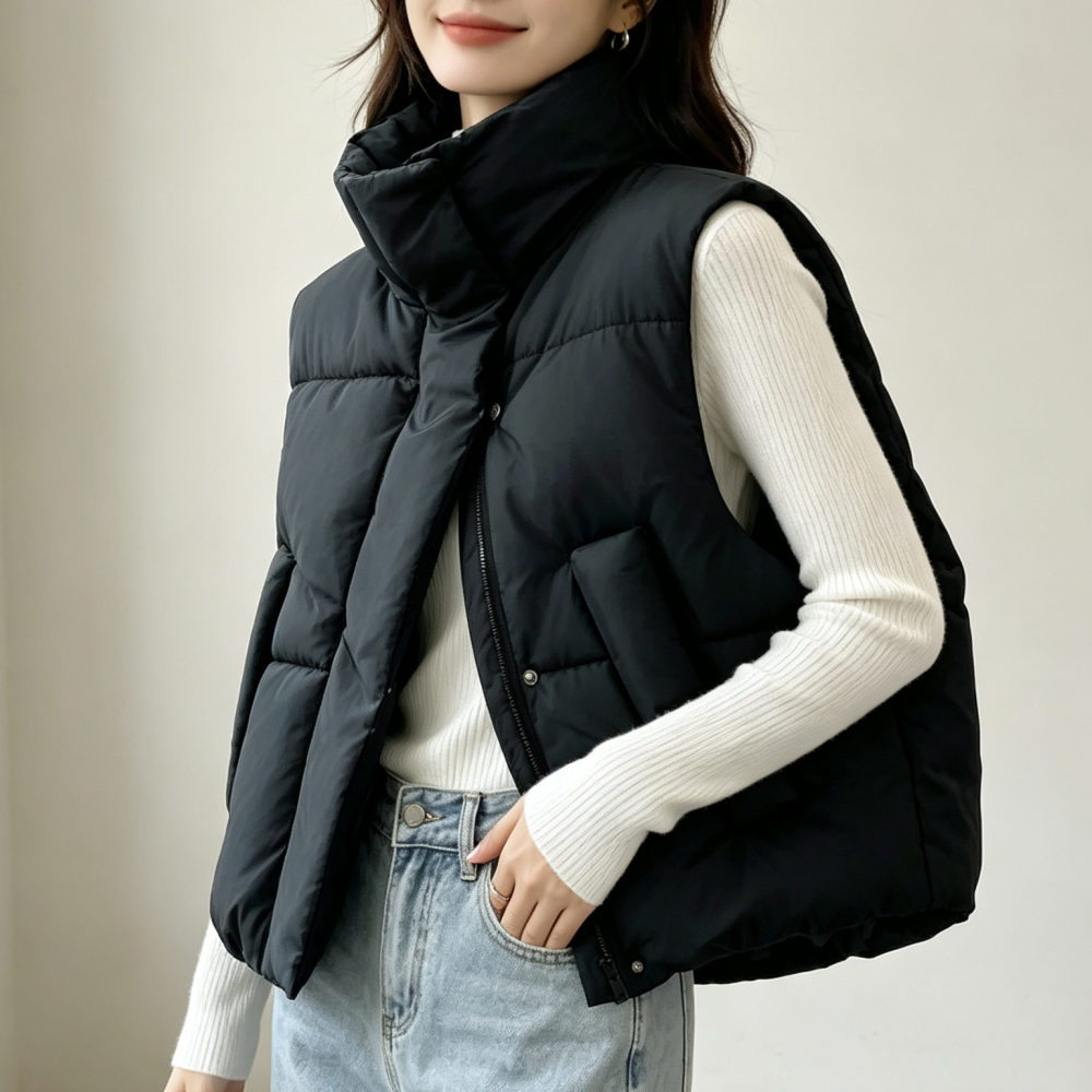 Gilet chauffant de mode coréenne pour femmes, automne-hiver, col montant, avec poches, veste chaude et élégante, veste courte sans manches, style doudoune.