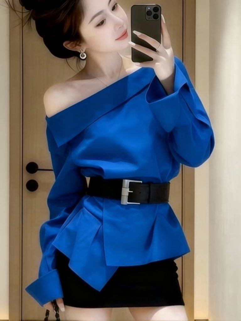 Chemisier de luxe élégant pour femme à manches longues et épaule dénudée, avec ceinture, col asymétrique, style bureau, haut de créateur irrégulier