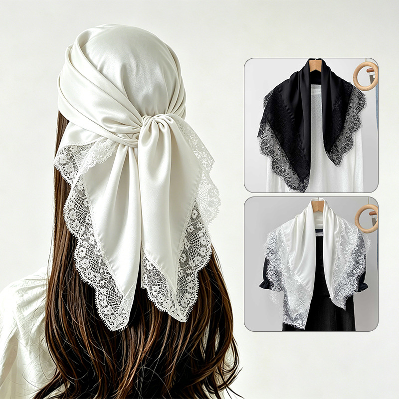 Foulard carré 70x70cm pour femme, avec dentelle, hijab, nœud papillon, élégant, en soie, bandana, voile musulman modeste, foulard quotidien pour cheveux
