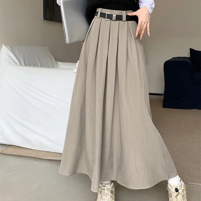Nouvelle jupe coréenne 2026 pour femme, couleur unie, polyvalente, mi-longue, plissée, grande jupe évasée, longues jupes pour femme