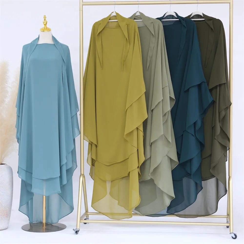 Robe en mousseline de soie à deux couches pour femmes musulmanes, vêtements islamiques extra longs, tiens imar Niqab, Eid Ramadan, vêtement de prière, robe aérienne Abaya, caftan