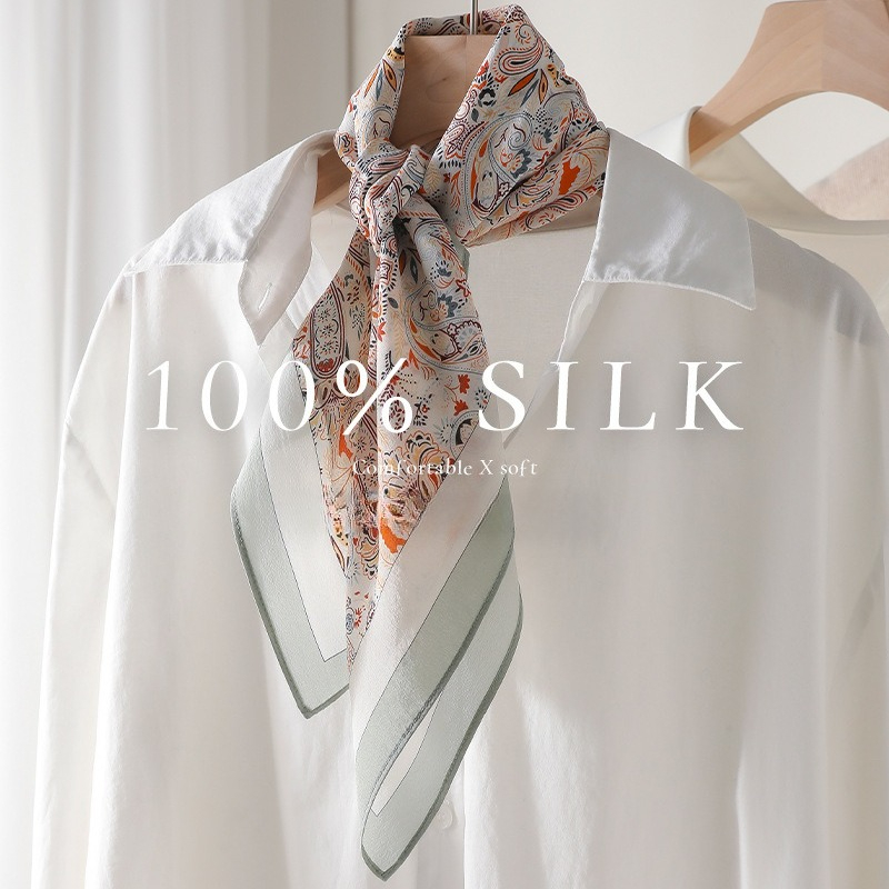 Écharpe carrée en soie de mûrier 100% pour femme, motif ethnique Paisley, double crêpe, polyvalente, foulard de cou, bandana