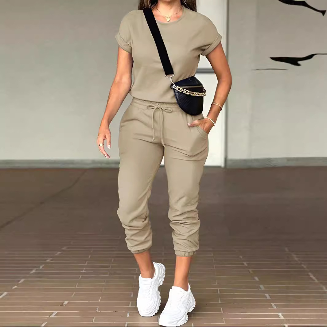 Ensemble deux pièces de sport pour femmes, mode d'été, confortable, décontracté, couleur unie, col rond, haut à manches courtes et pantalon élastique