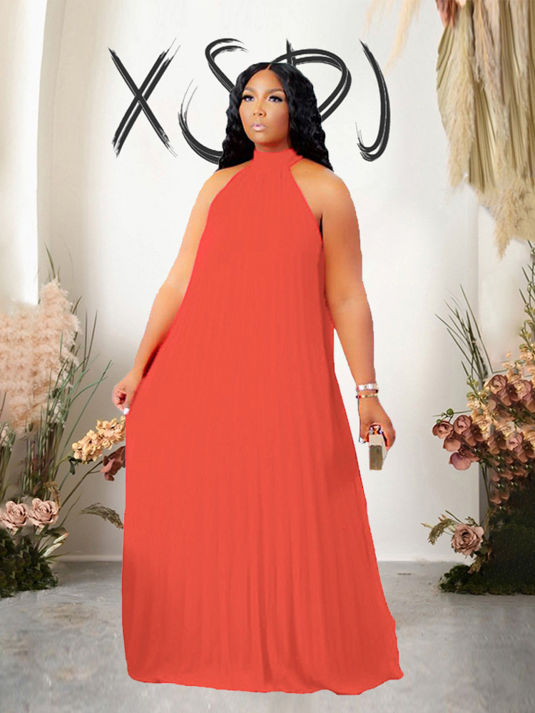 Robe longue plissée en mousseline de soie pour femme, robe de soirée élégante, grande taille, robe licou ronde, vêtements d'été sexy, grande taille