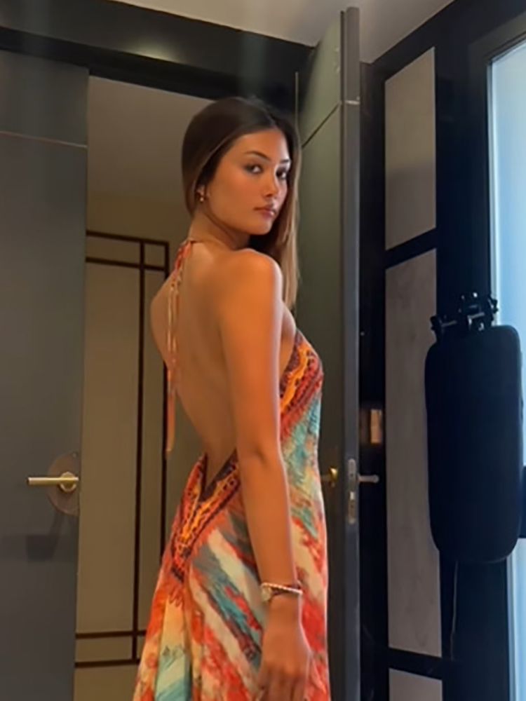 Robe longue bohème imprimée pour femme, sexy, dos nu, col en V profond, sans manches, épaules dénudées, pour vacances, rendez-vous, soirée, plage
