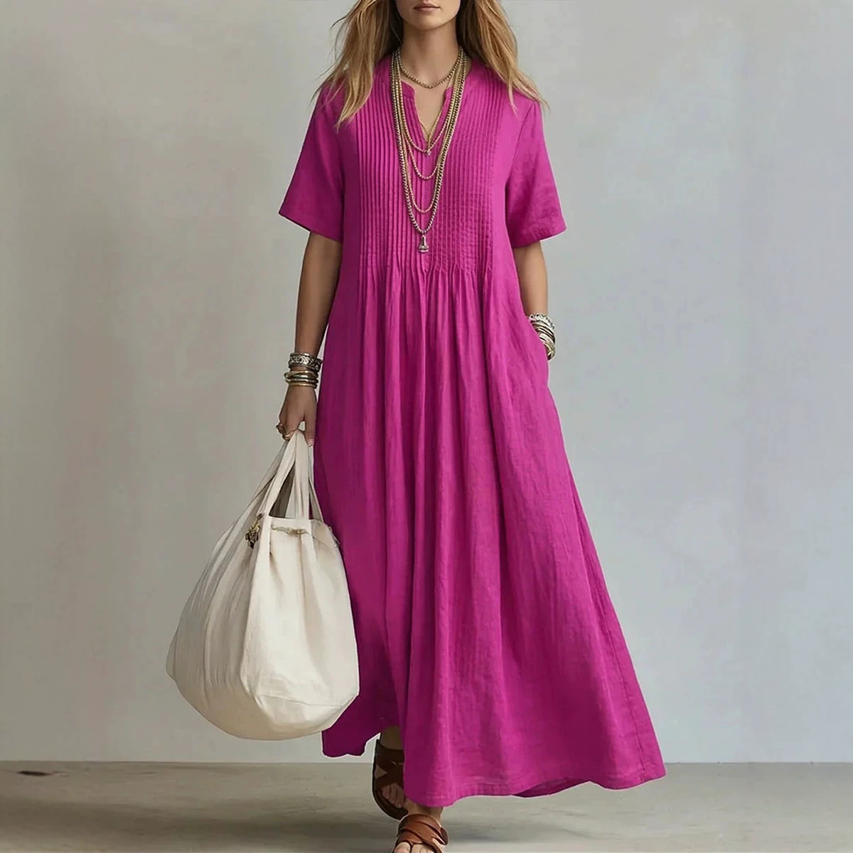 Robes pour femmes 2026 : Nouvelle collection décontractée, ample, col en V, manches courtes, plissée, en coton et lin, longue robe pour femme