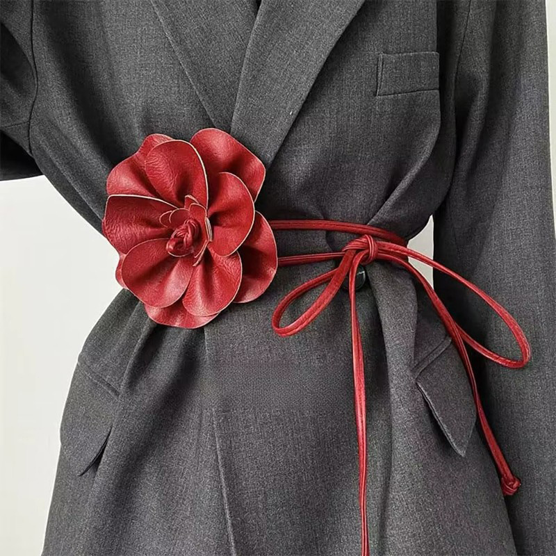 Ceinture Bohème en Cuir PU avec Grande Fleur à Nouer, Sash Décoratif pour Robe, Accessoire Gothique Vintage Polyvalent