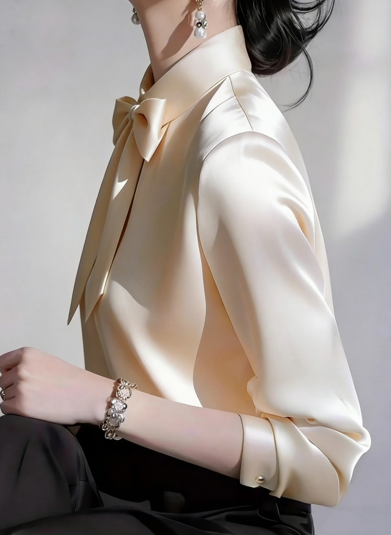 Chemise élégante en satin à nœud papillon pour femmes, manches longues, chemise de bureau formelle