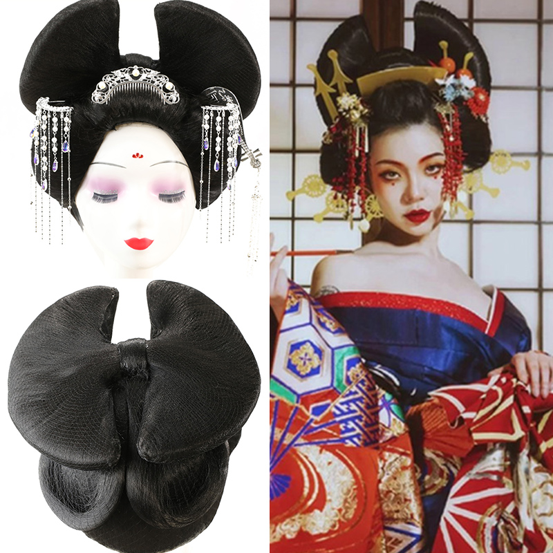 Kimono noir japonais pour femmes, accessoires pour cheveux, coiffure grand papillon, modèle Show Prairie fur s Up