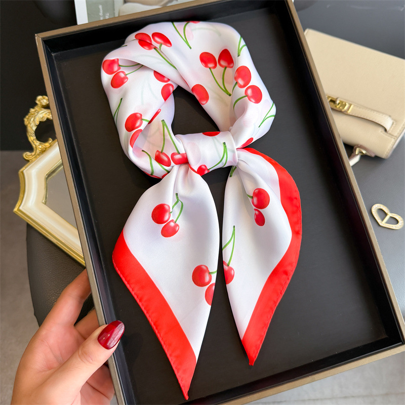 Écharpe carrée en Satin de luxe pour femmes, châles et enveloppes à motif de cerise et de fruits mignons, petit sac à la mode, foulards à cravate pour cheveux, Bandanas 70x70Cm