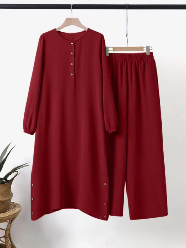 Ensemble deux pièces pour femmes arabes Eid musulmanes, chemisier et pantalon à jambes larges, Ensemble musulman, ceinture, chemise à bouton unique, vêtements modestes du Ramadan