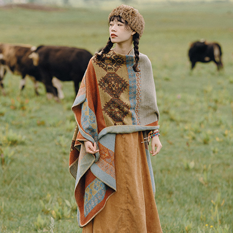 Couverture écharpe automne hiver épais enveloppement Poncho femmes Style ethnique voyage châle Imitation cachemire Capes National fourchette à vent