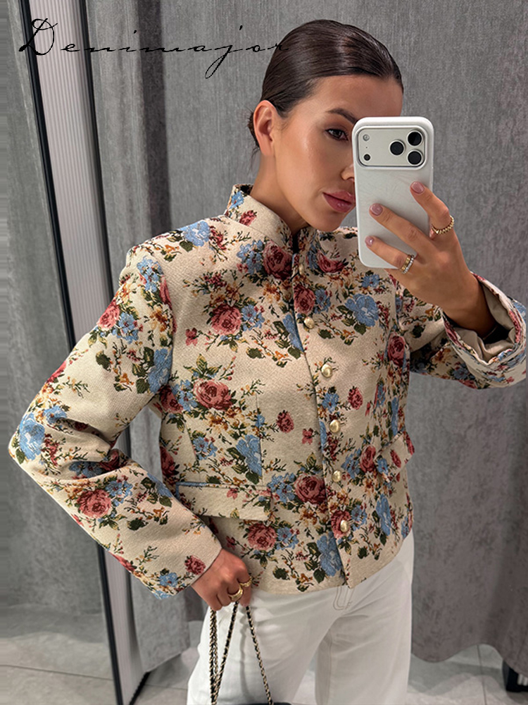 Manteau imprimé floral tendance pour femme, col montant, simple boutonnage, manches longues, coupe ample, nouvelle collection automne 2026, style vintage streetwear